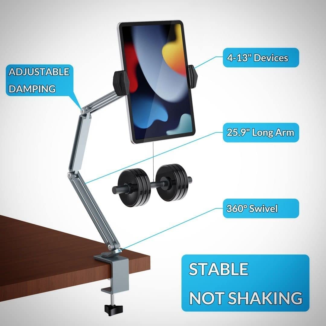Champs Long Arm Aluminum Tablet & Mobile Desk Clamp Stand with 4.13 Size and Adjustable 360 Swivel by Urban Kings Store
